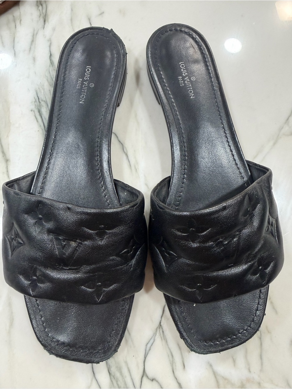 Louis Vuitton Black Quilted Monogram Leather Slide Mules